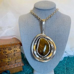 Large Vintage Tiger Eye Pendant with Chain
